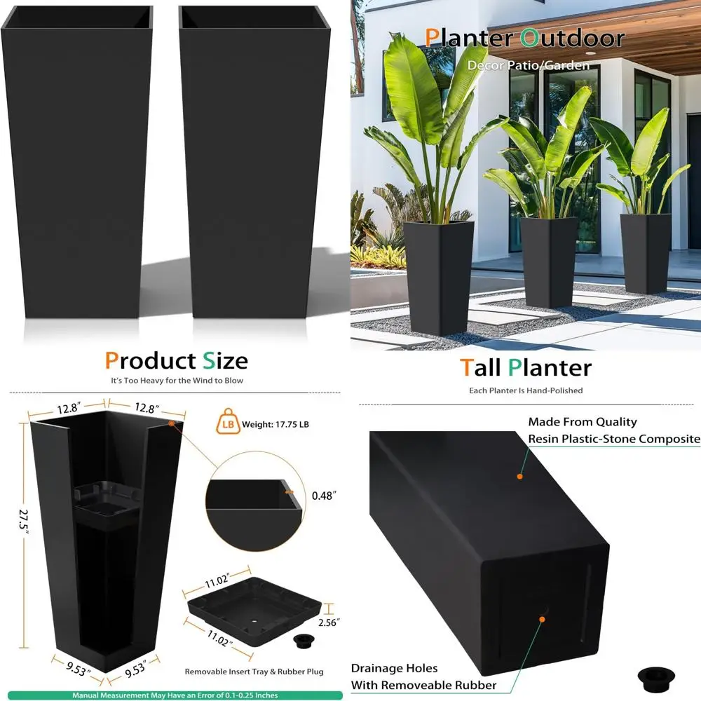 

Outdoor Tall Planters Set of 2 - Large Black Resin Flower Pots for Garden, Front Porch, Patio, Indoor Use