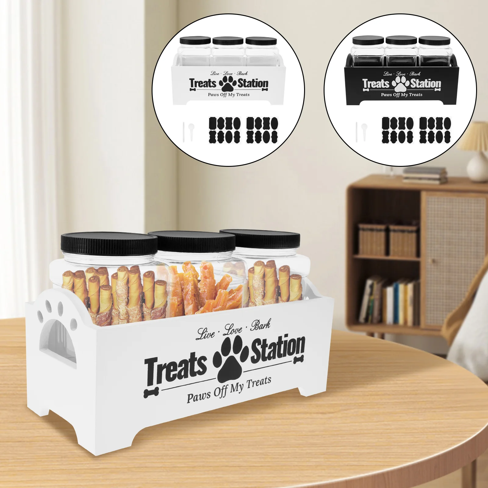 Wood Dog Food Container with 3 Plastic Treat Jars Cat Food Container with Handles Practical Food Storage Container Decorative