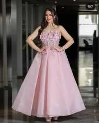 Pink Blue Appliques Flowers Organza Prom Dress 2024 Strapless Ankle-Lenght Party Gown for Women Quinceanera Dress Customized
