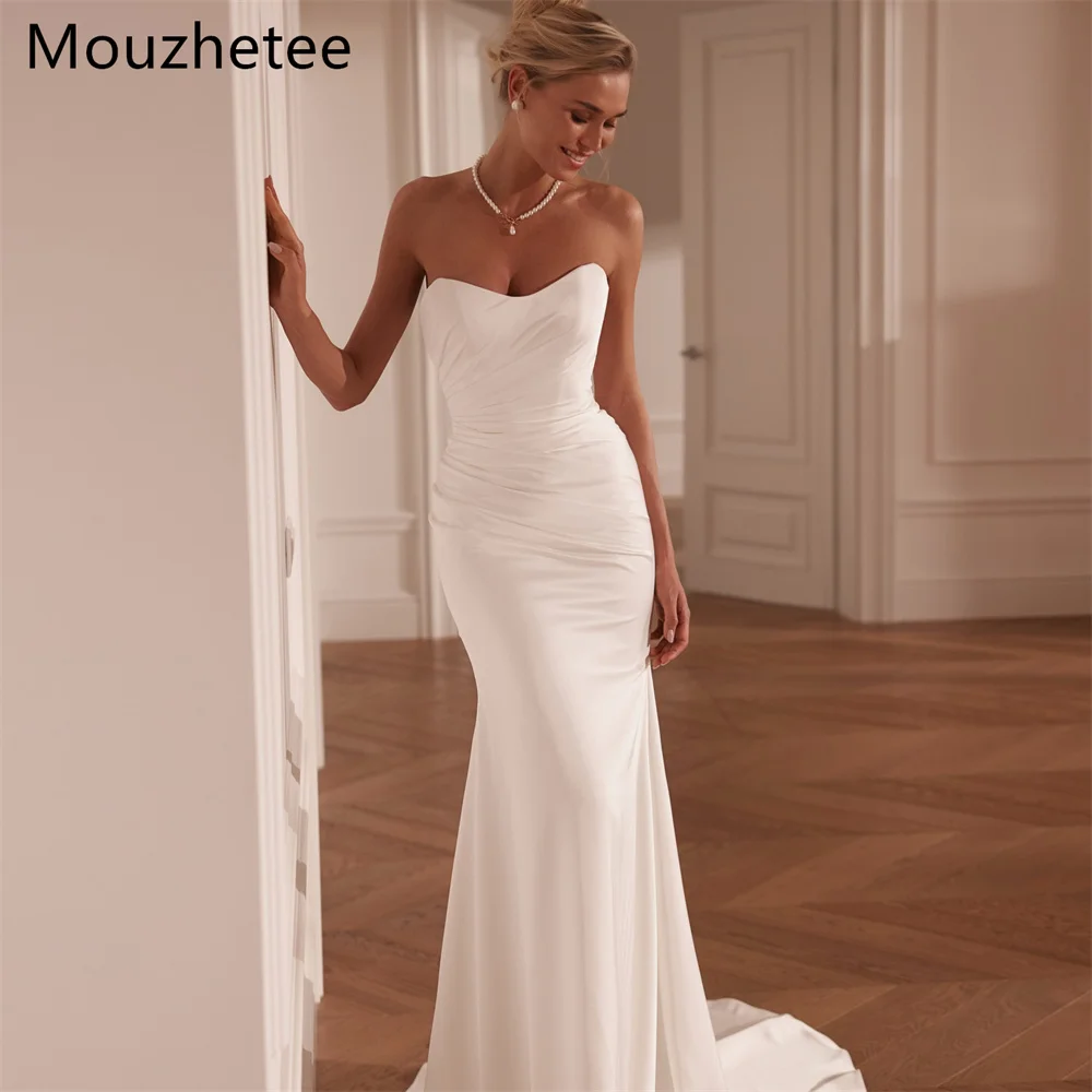 

Mouzhetee Mermaid Simple Ivory Satin Pleat Wedding Dresses Sleeveless Corset Elegant Brides Gown Custom Made 2026