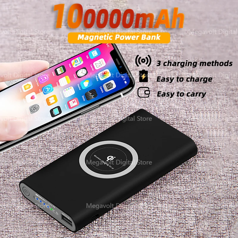 

100000mAh Wireless Magnetic Portable Mobile Charging Bank Super Large Capacity Universal Power Bank for Iphone Xiaomi Samsung