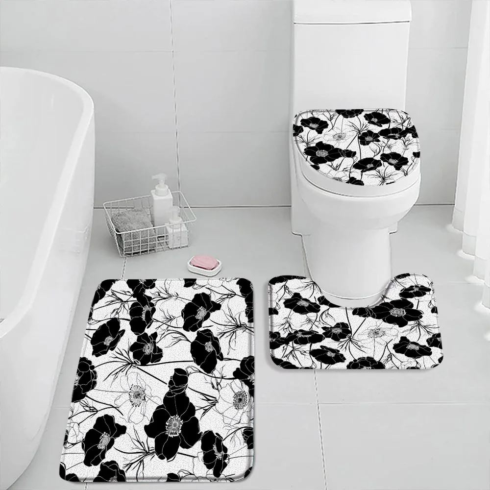 Simple Flowers Black White Bath Mat Set Floral Minimalist Bathroom Decor Abstract Modern Flannel Bathtub Rug Toilet Seat Cover