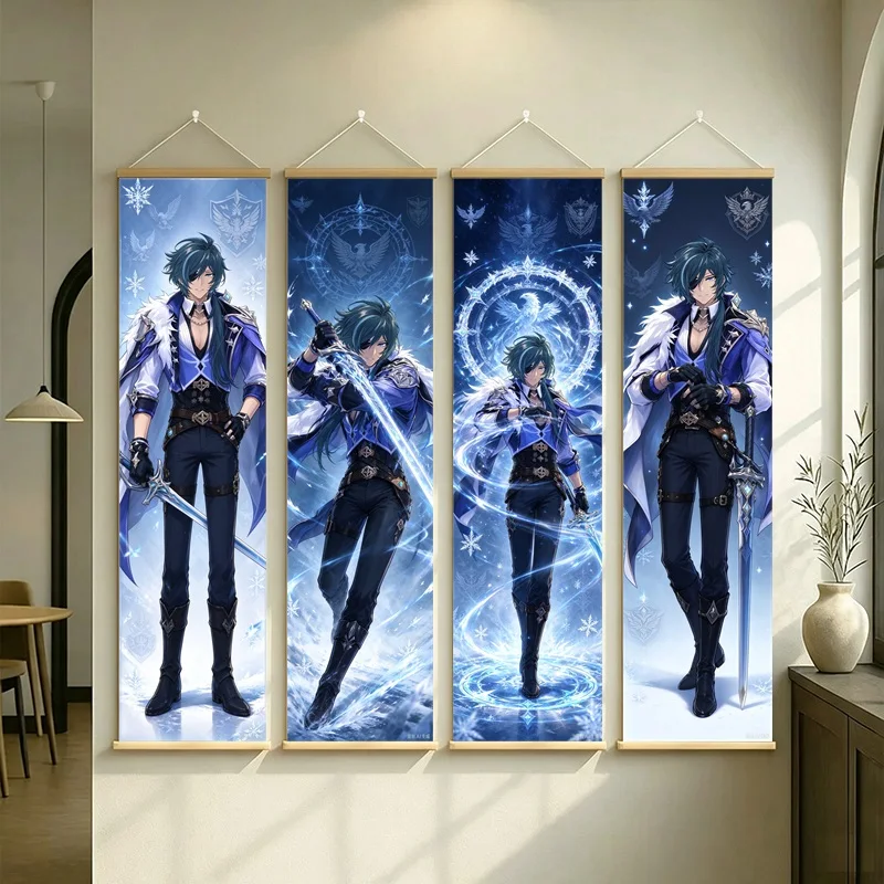 Hanging Scroll Wall Art of Genshin Impact Kaeya with Bright Icy Blue Glow on Silver Shimmer Canvas for an Anime Bedroom