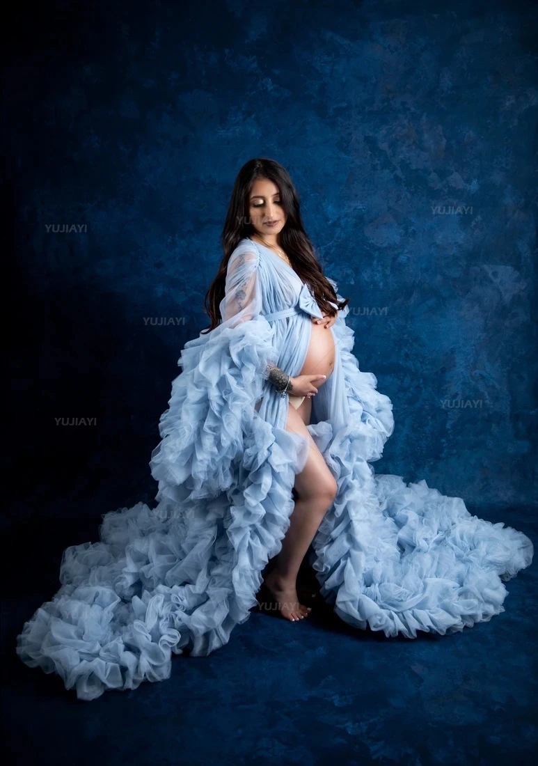 Puffy Maternity Robe Bridal Prom Dress Fluffy Tulle Dresses for Pregnancy Women Long Sleeves Wedding Party Gown Boudoir Pajamas