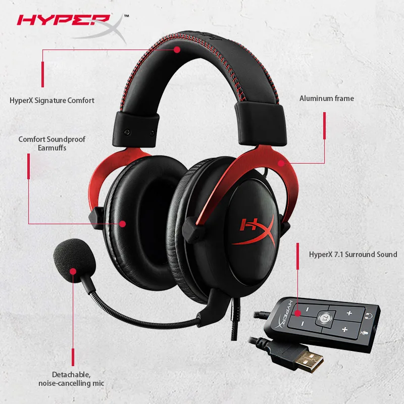 سماعة رأس مستعملة أصلية HyperX Cloud II Hi-Fi 7.1 بصوت محيطي للألعاب مع ميكروفون للهاتف المحمول للكمبيوتر