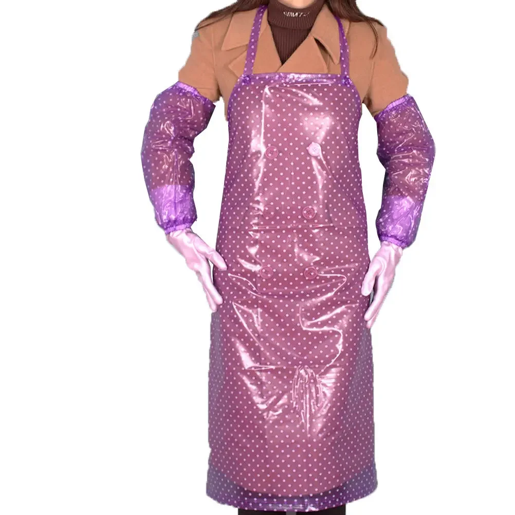 PVC Transparent Long Style Waterproof Apron With Oversleeve For Kitchen Garden Clean Work Oil Dust Resistant Apron