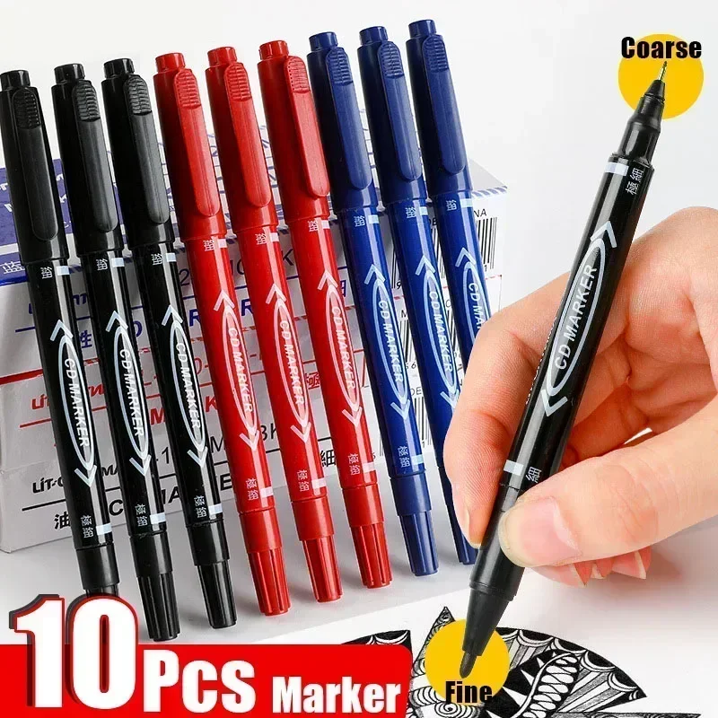 10 Pcs Twin Tip Permanent Marker, Black/Blue/Red Oil Ink,Fine Nid Marker Pen for School Stationery, Office Accessories.