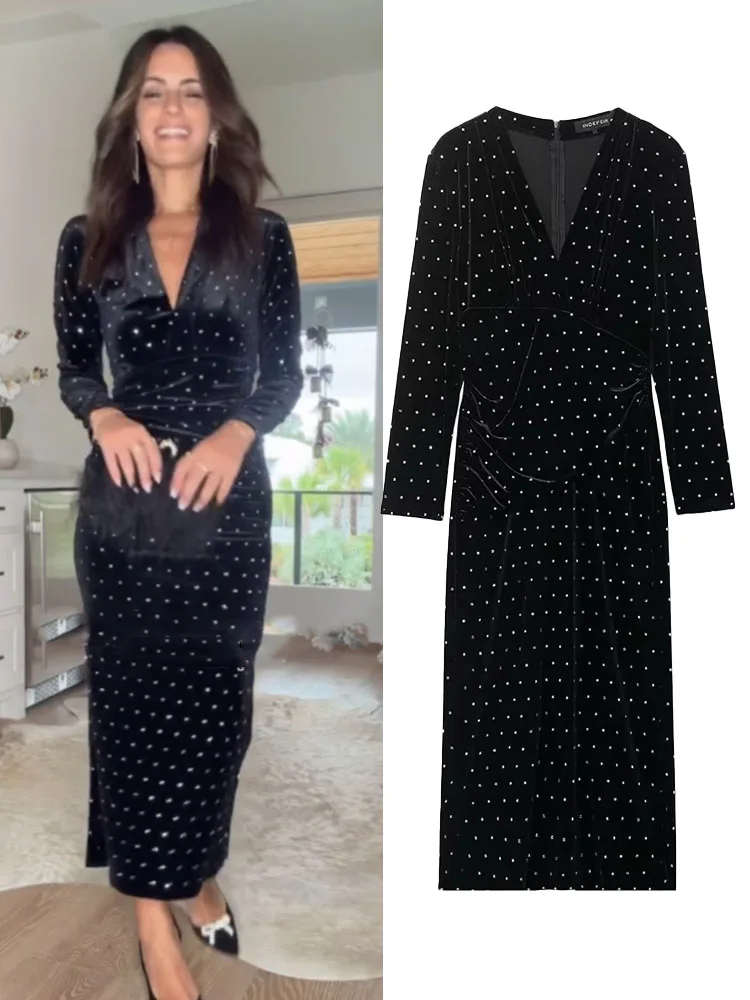 

HH Women's Winter New Fashion V-neck Glossy Beaded Velvet Midi Dress Female High Street Elegant Hem Slit Slim Long Sleeve Dress