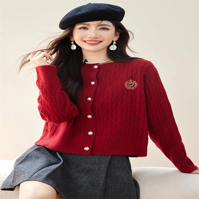 New Autumn Fashion Knitted Cardigan Women Casual Embroidery O-Neck Long Sleeve Golden Buttons Elegant Cashmere Jumper Tops