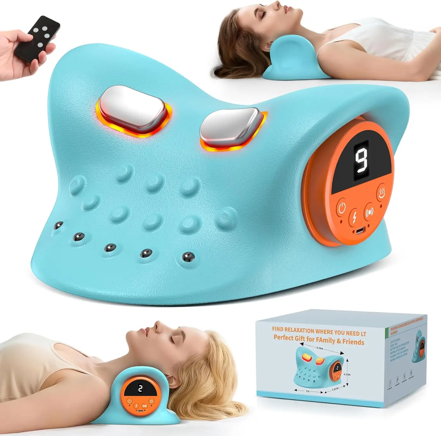 

4-in-1 Neck & Shoulder Massager with Heat, Vibration & 360° Remote, Ergonomic for Home, Office, Travel (Sky Blue)