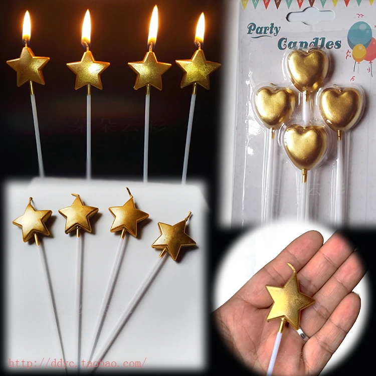 Five pointed star candle, heart-shaped long pole, golden birthday cake decoration