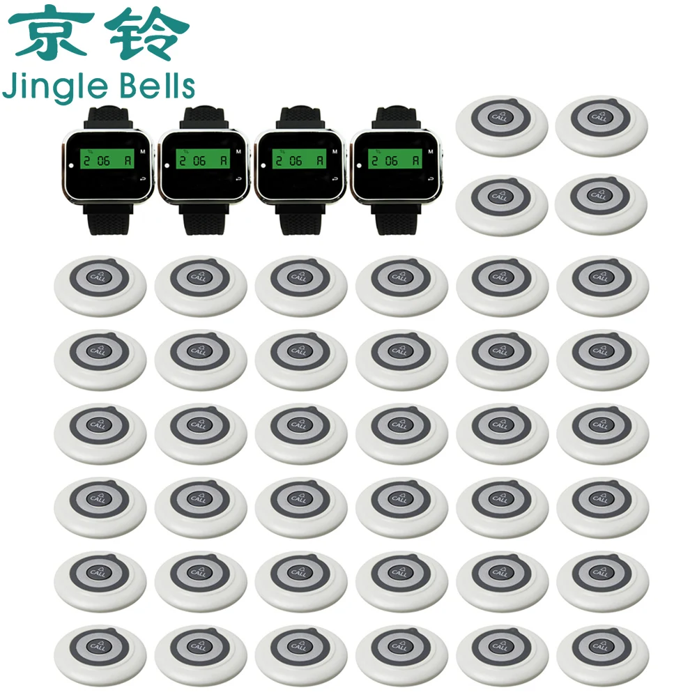 JINGLE BELLS Wireless Restaurant Calling System 40 Transmitters+4 Watch Pager Guest Calling Button Wireless Queueing System