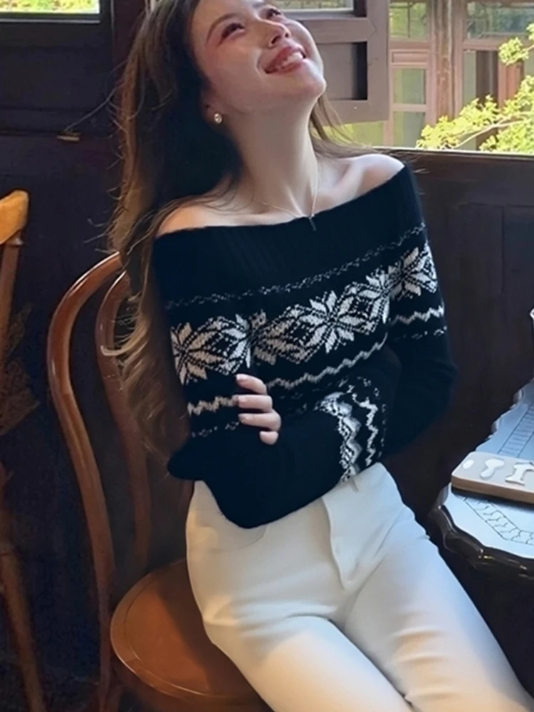 

Retro Fair Isle Knit ort oulder Sweater Women's Autumn Winter High Sense Inner Wear Casual Loose Fit Long Sve Top