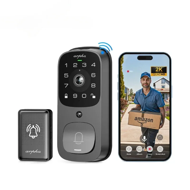 10000mah Smart Door Lock 3MP Waterproof Fingerprint Lock with WIFI, APP, Visual Doorbell, Suitable for All Types of Door