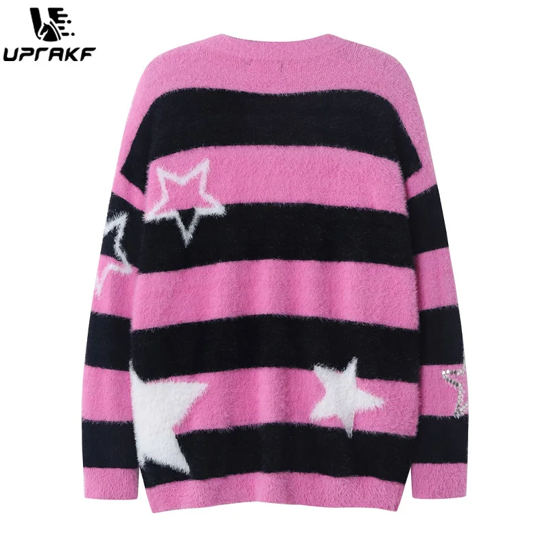 UPRAKF Striped Star Graphic Sweater Loose O Neck Autumn Oversize Harajuku Casual Trendy Fashion High Quality Warm