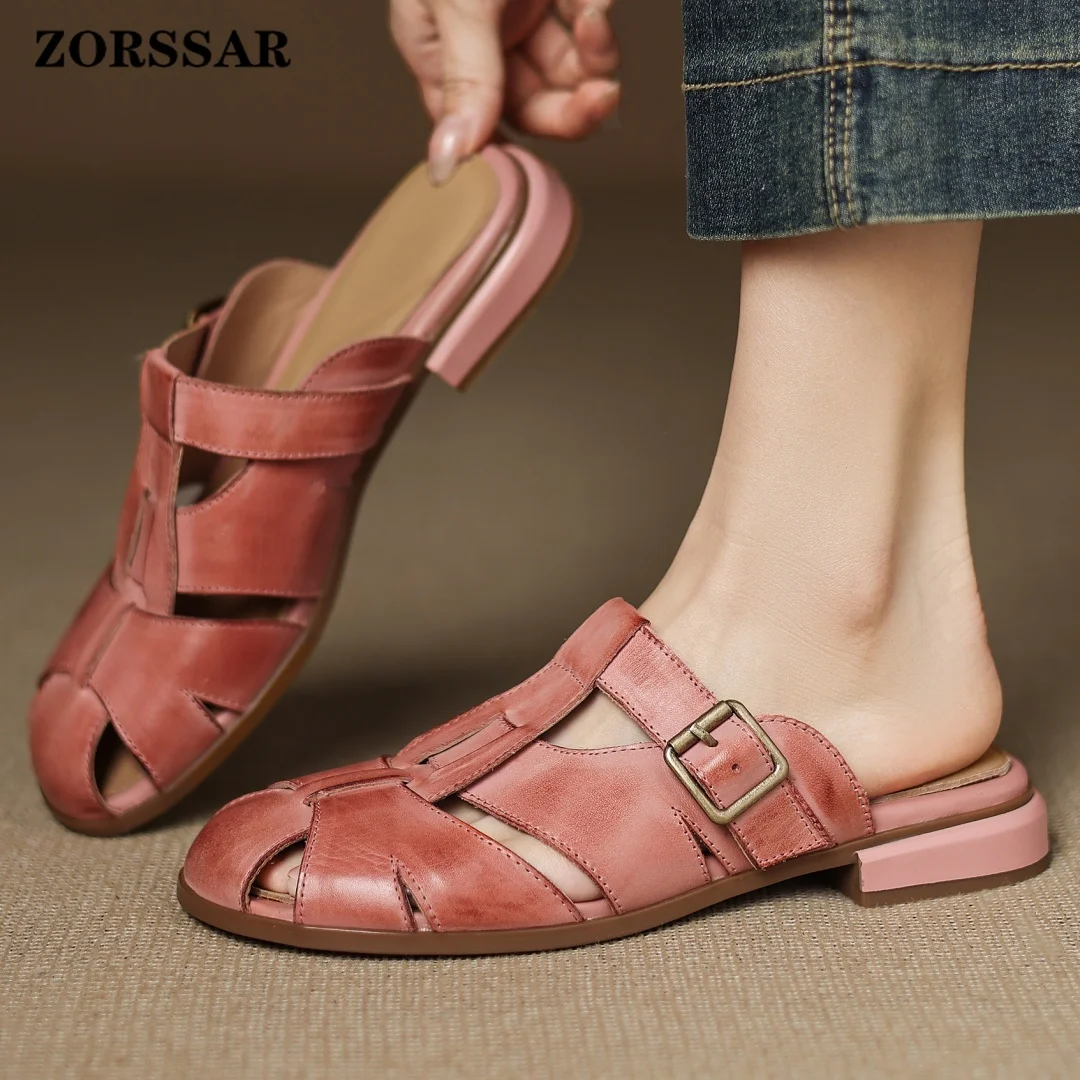

Women's Cow Leather Narrow Band Braided T-strap Slip-on Flats Summer Slide Sandals Round Toe Metal Buckle Casual Mules Shoes Hot