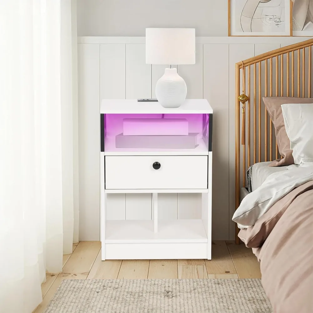 LED Lighted Nightstand Set of 2 with Charging Station, Drawers, and Storage Shelf, Modern Bedside Tables for Bedroom