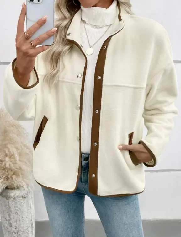 

Women's Retro Fleece Jacket Stand-up Collar Color Block Casual Autumn Winter New 2025 Fashion Outerwear