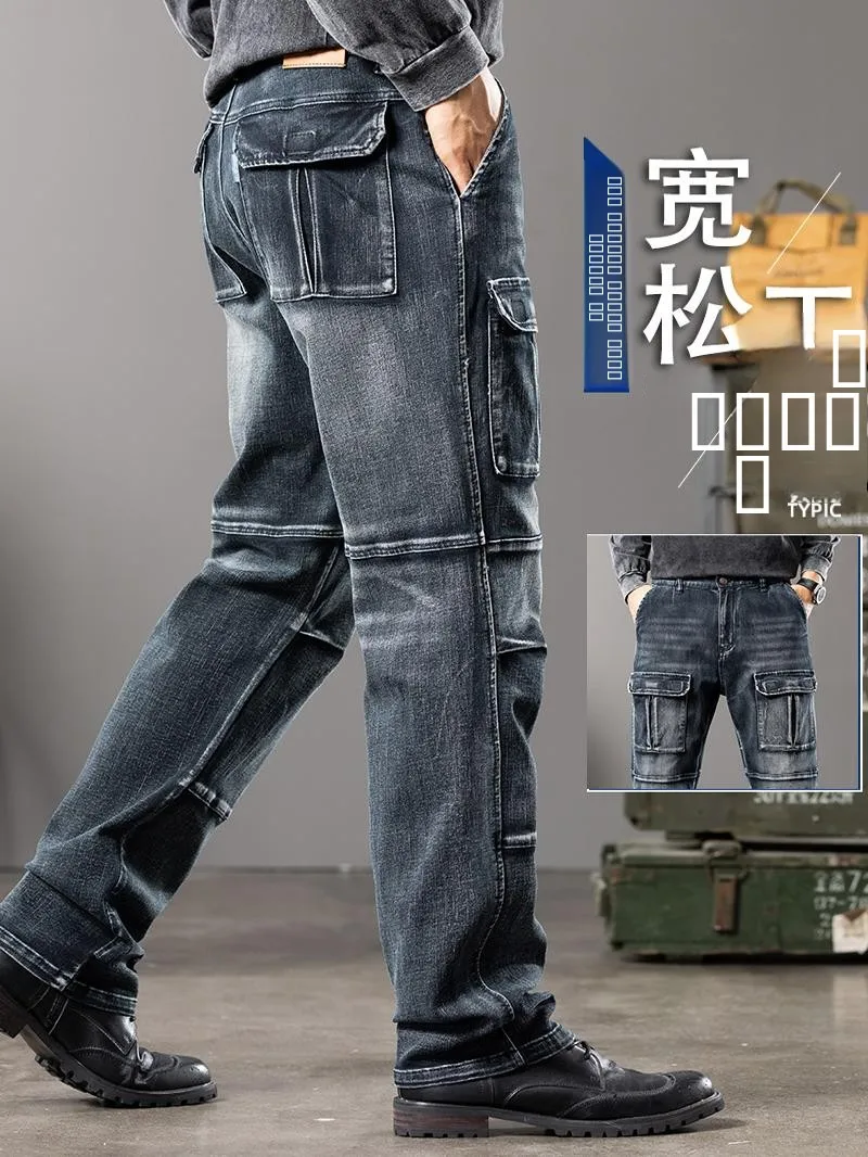 

Outdoor Heavyweight Workwear Jeans Men's Multiple kets Loose Straight Leg Autumn Winter plus Size Trendy Faion Cotton St...