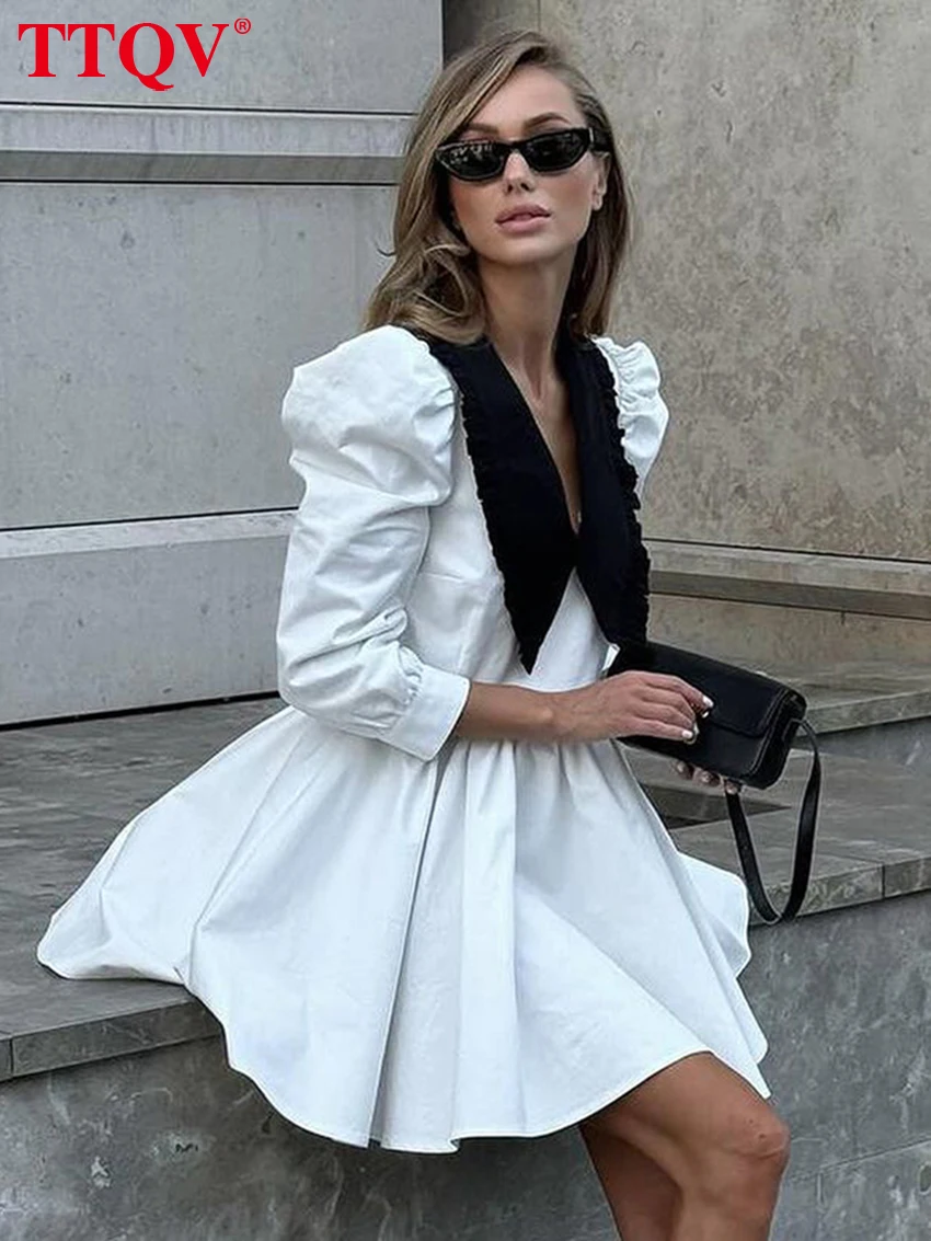 

TTQV Fashion Black Patchwork Office Women Dress Casual Lapel Long Sleeve Mini Dresses Elegant High Waist Pleated Female Dress