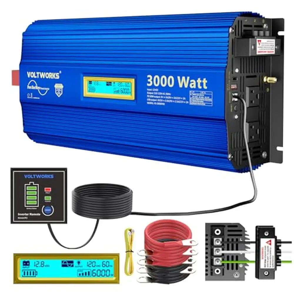 3000W Pure Sine Wave Power Inverter 12V to 110V 120V AC Surge 6000W Peak 2s LCD Remote Controller UL Certified Compatibility RV