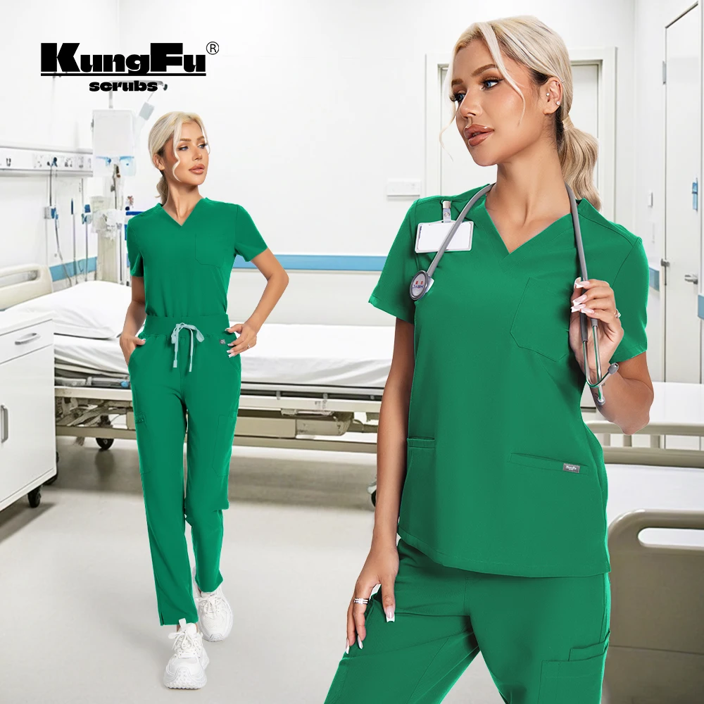 kungfu-scrubs-uniformes-d'infirmiere-vertes-pour-femmes-ensembles-de-blouses-d'infirmiere-2-pieces-avec-pantalon-a-manches-courtes-impermeable-et-antibacterien-nouveau-modele-2026