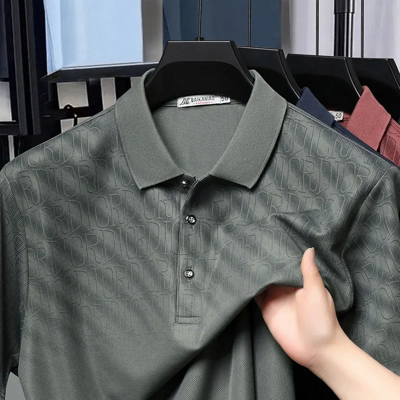 Men Middle Aged Polo Shirt Letter Jacquard Wrinkle Resistant Cotton Elastane Short Sleeve Casual Dad Top