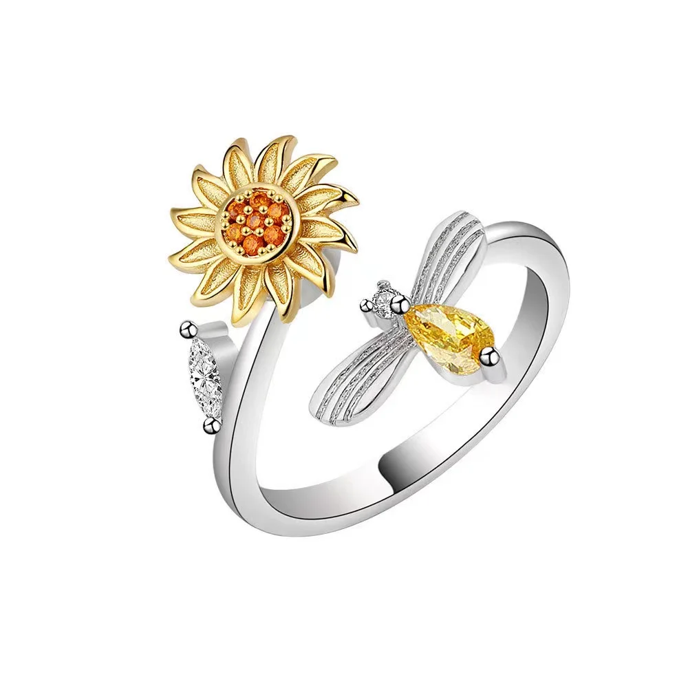 

1PC Adjustable Spinning Sunflower Anti Stress Ring For Women Rotatable Pain Relief Fidget Rings Fashion Jewelry