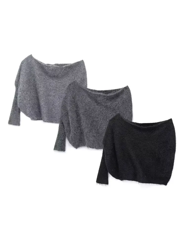 Traf 2024 Frauen grau Pullover asymmetrisch gestrickt schulter frei Pullover Frau schwarz Bolero kurz geschnittenen Pullover Frauen Strick pullover