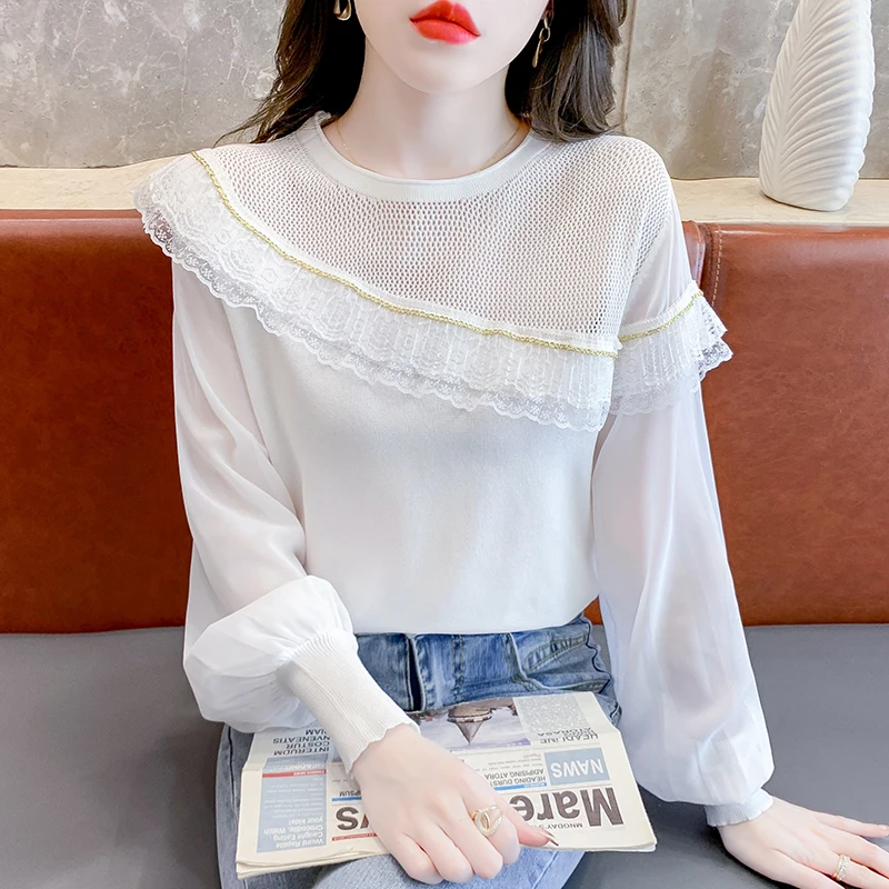 

Ladies Fashion Sexy Lace Splicing Pullover Sweater Women Clothing Girls Casual Knitwear Female Aesthetic OL Sweaters BPAQ7082