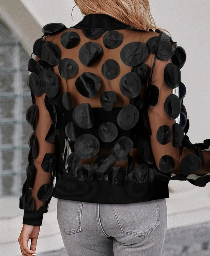 Women's Coat Baseball Collar Three Dimensional Floral Pattern Sheer Mesh Chiffon Long Sleeve Zip Up See Through Overshirt