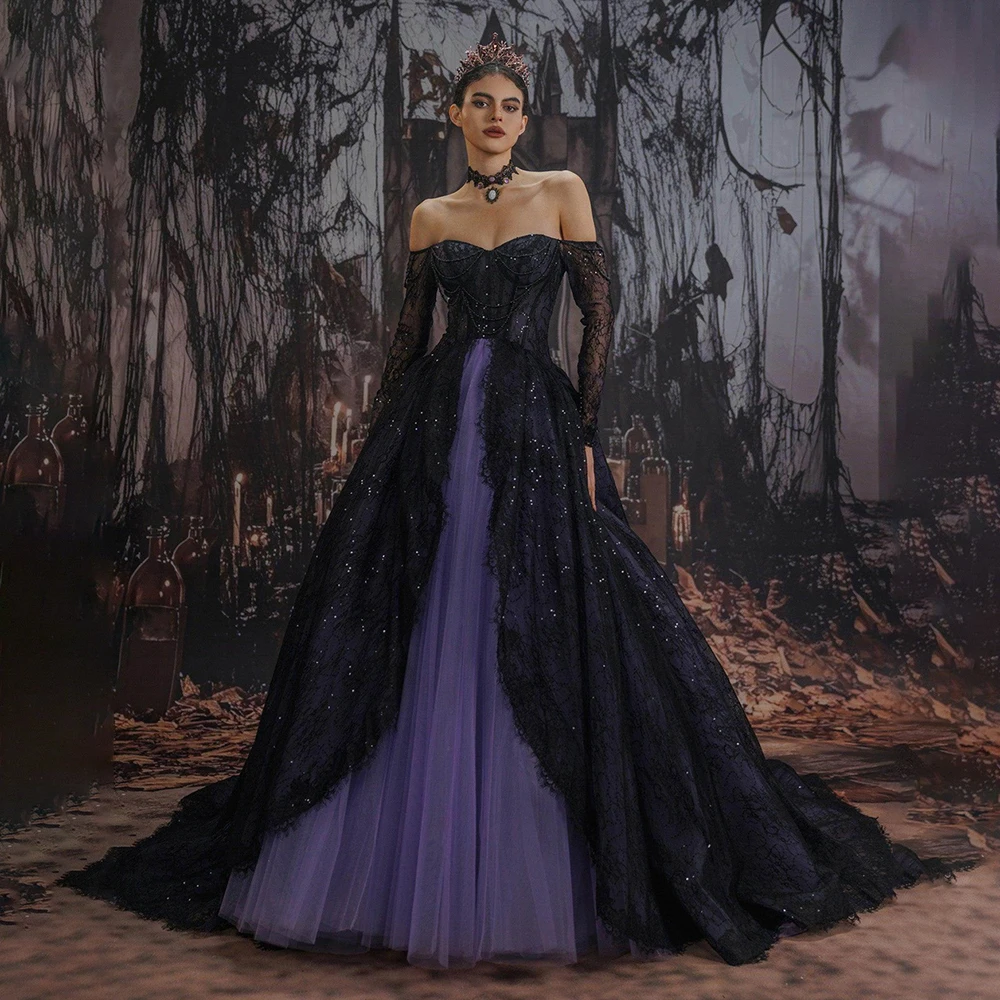 

2026 Women's Formal Evening Gowns Lace Mesh Long Sleeve Evening Dresses Elegant Off Shoulder Formal Party Dresses for Women