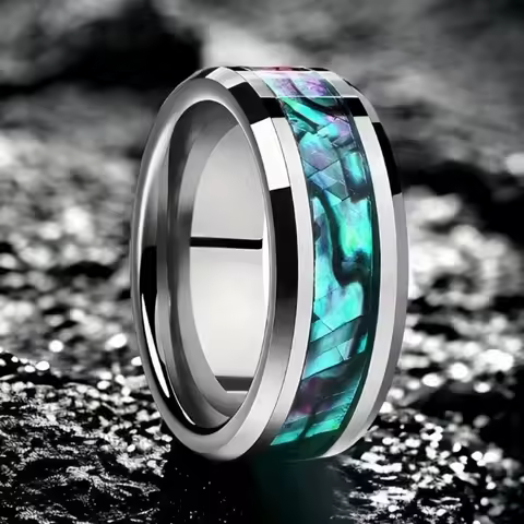8MM Colorful Abalone Shell Inlay Men Stainless Steel Rings Silver Color Wedding Band Jewelry Party Steel Ring Accessories Gift