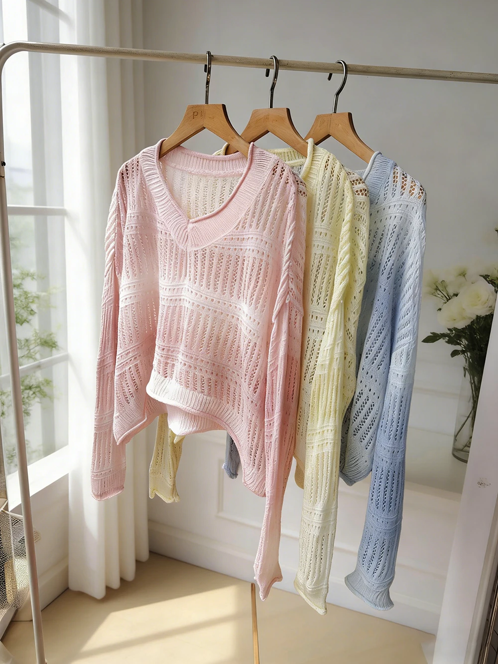 Women Knit Hollow Out Crochet Sweater Long Sleeve Summer Beach Top Pullovers Female Clothing Mesh Shirt Sexy Club Streetwear