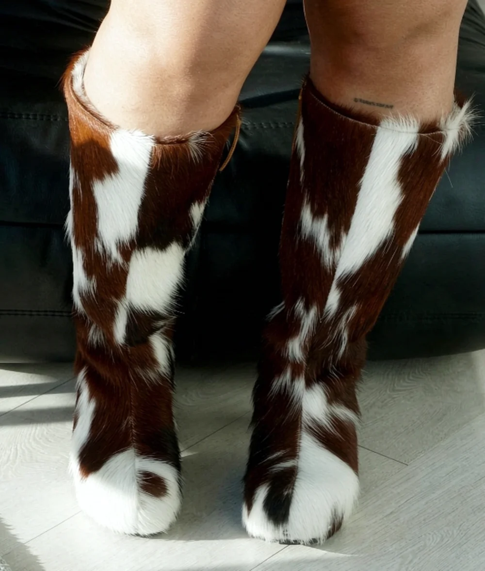Winter Brown White Cow Print Knee High Boots Internal Wedge Side Zipper Design Western Cowgirl Style Tall Boots for Streetwear