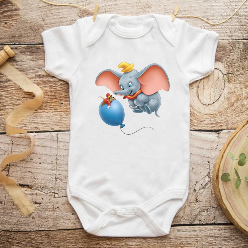 Summer New Style Baby Girls Boys Rompers Short Sleeve Newborn Baby Clothes Dumbo and Timothy Print White Cotton Jumpsuit