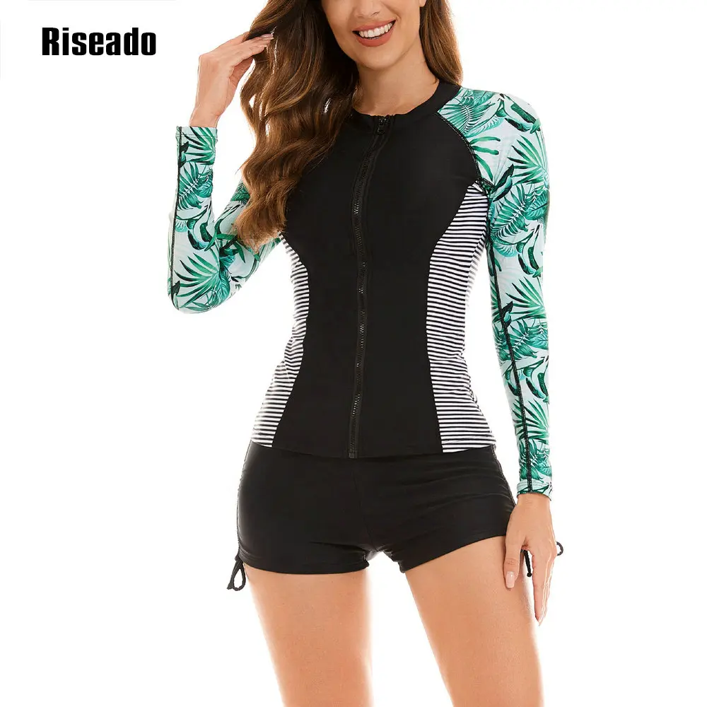 Riseado Rash Guard Top da donna con cerniera manica lunga due pezzi costumi da bagno UPF 50+ protezione UV costume da bagno