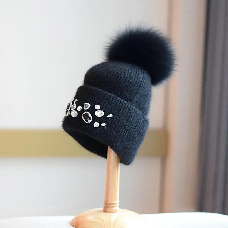 Hat Women Winter Angora Knit Real Fur Pompom Beanie Rhinestone Autumn Warm Skiing Accessory For Teenagers Outdoors Luxury