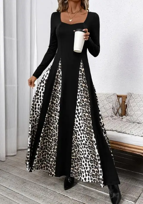 

Women Dress Fashion Spring/summer 2025 New Dress Elegant Retro Style Square Neck Long Sleeved Leopard Print Patchwork Long Skirt