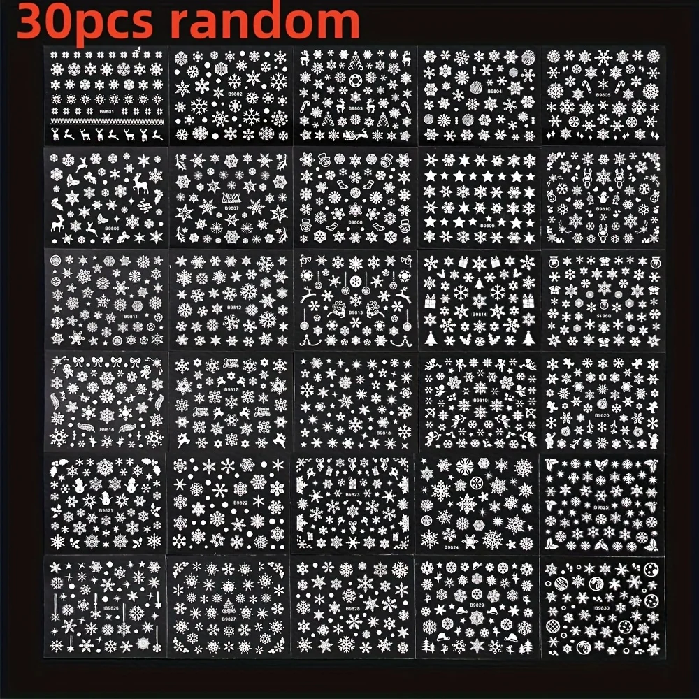 30 Stück Blatt Weihnachten 3D Nail Art Aufkleber Abziehbilder Nail Art Supplies für Frauen und S – selbstklebender Cartoon-Schneeflocken-Schneemann