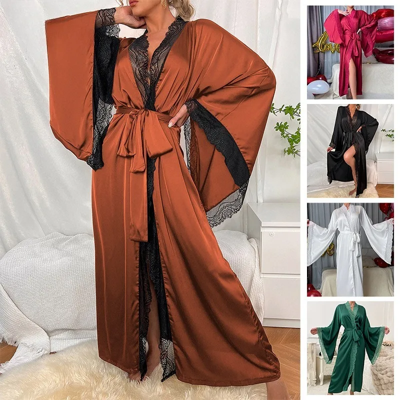 

New Satin Pajamas for Women Lace Luxury Long-sleeve Cool-feel Robe Bathrobe Homewear for Women