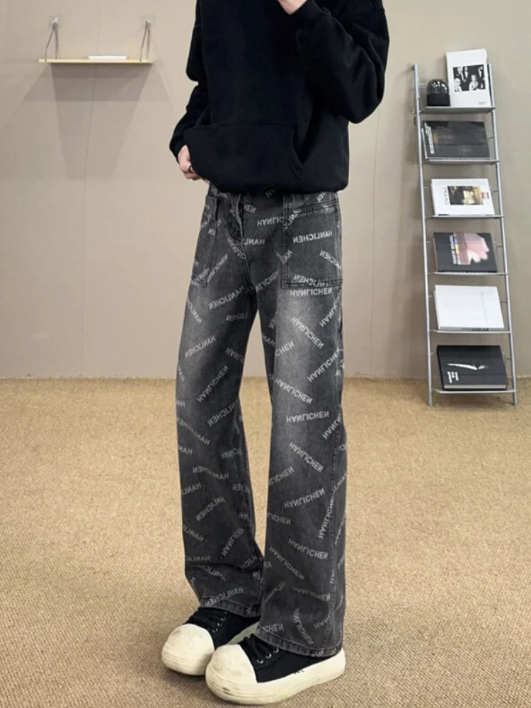 

Dark Color Letter Print Workwear Jeans Men's Spring American High Street Vibe High-End Slim Straight Leg Pants