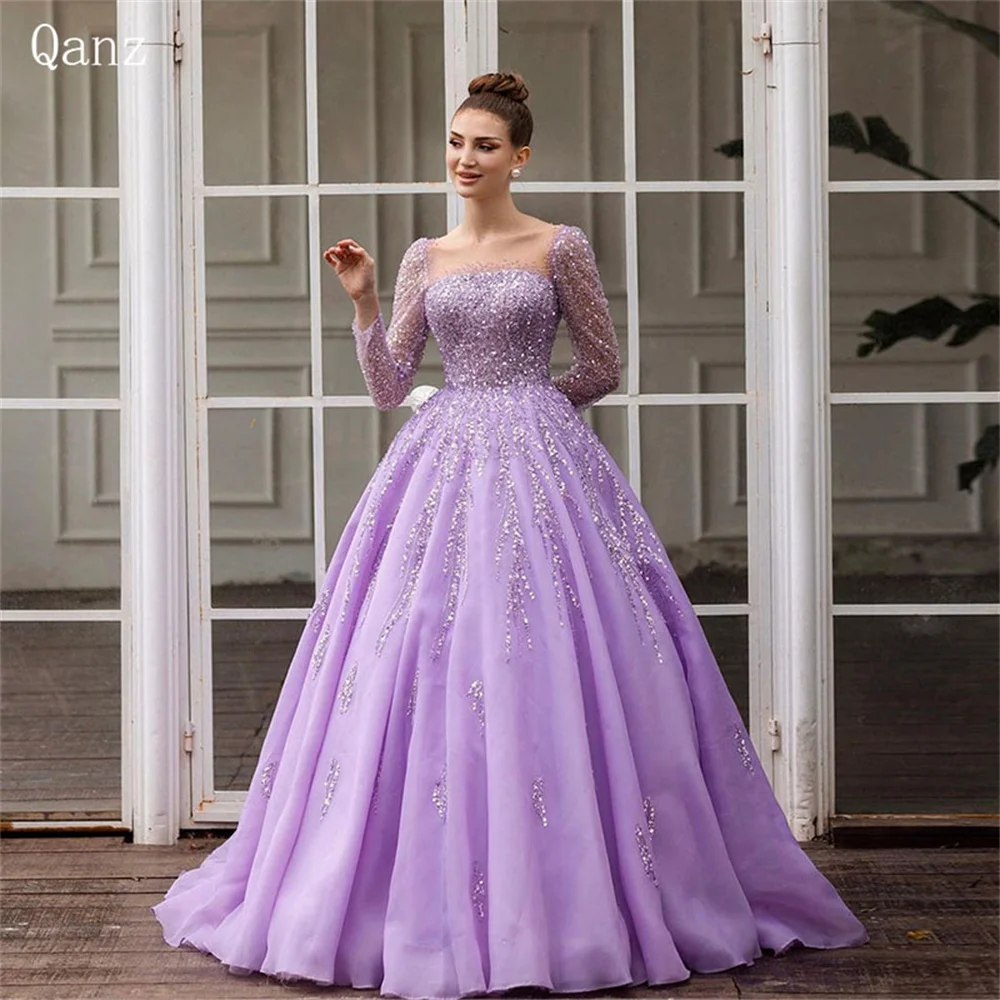 Qanz Luxury Lilac Wedding Dress Long Sleeves Sparkle Sequined Tulle Strapless Ball Gown Dress for Women Party Gown Customized