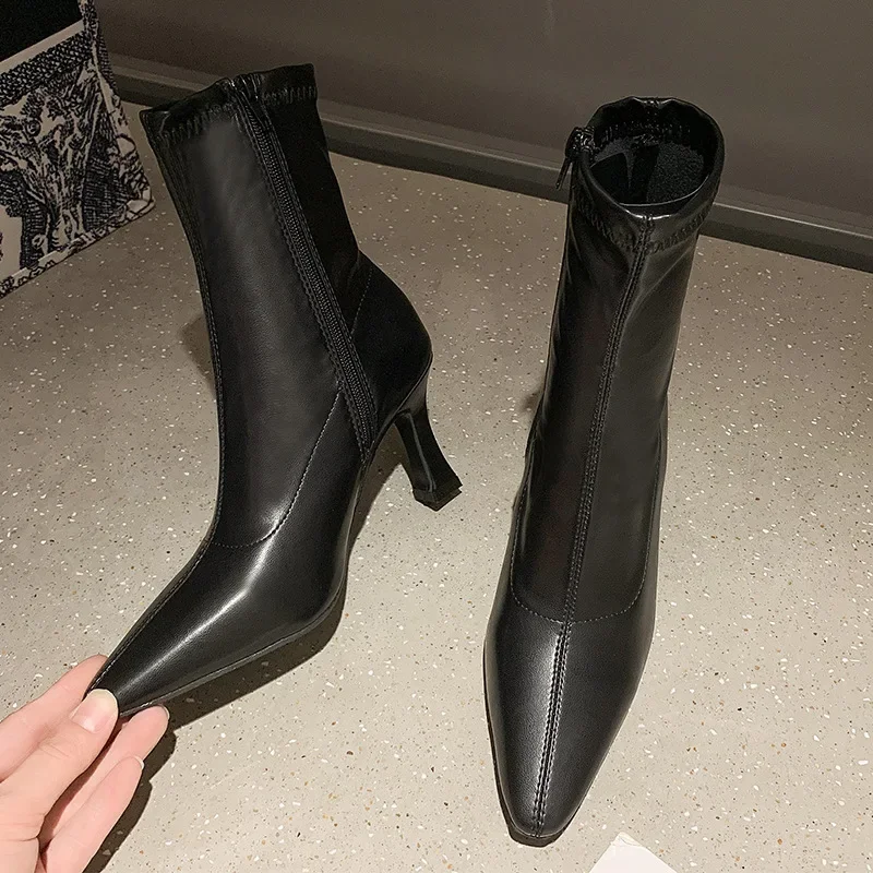 Women High Heel Short Leather Boots  New Boots Female Pointed Thin Heel Boots Ladies Ankle Short Boots Botas De Mujer 2024