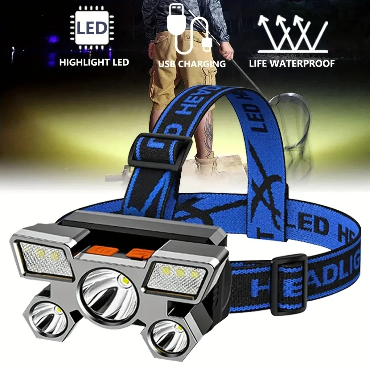 Five head strong light rechargeable fishing headlight - ultra bright long-distance lighting, portable