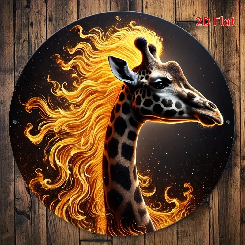 

Flaming Giraffe Round Iron Wall Art - 7.87x7.87 Inches (20x20cm) Vibrant 2D Flat Print With Fiery Orange & Yellow H