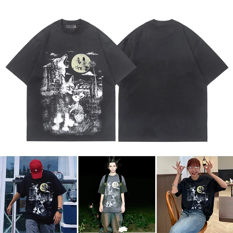 Drew House Premium Quality Smiley Full Moon Big Bad Wolf Streetwear Unisex 100% Cotton Relaxed Fit Short Sleeve T-Shirt