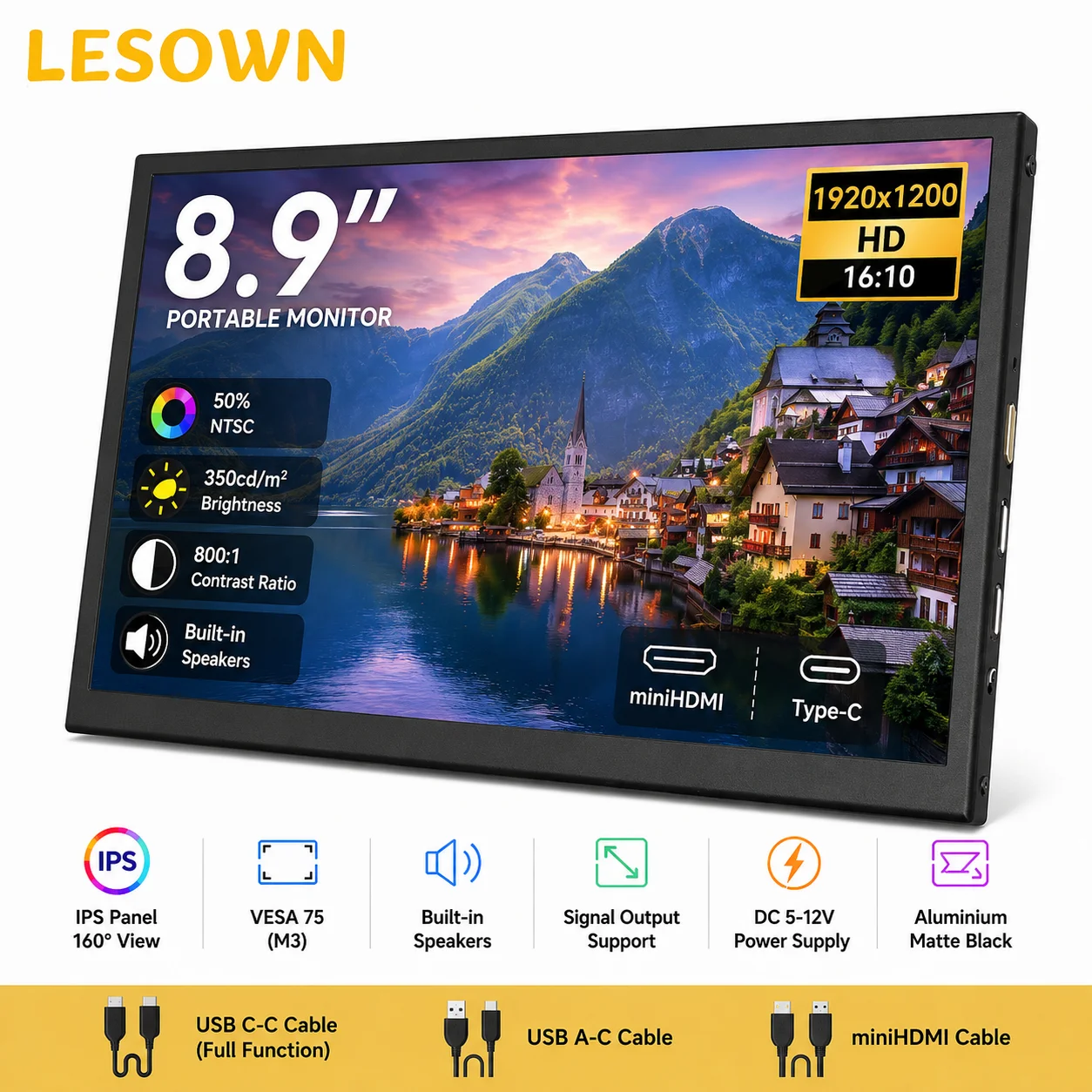 LESOWN 8.9inch Microscope External Monitor 1920x1200 Aluminum Screen FHD VESA 75 Secondary Display for Lab PC Setup