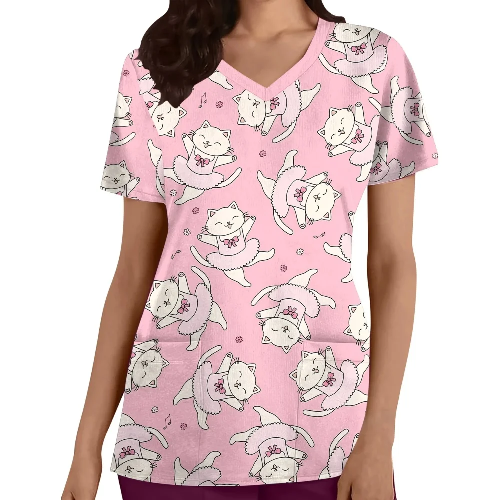 Leuke Kat Print Klinisch Uniform Vrouw Zomer Mode V-hals Scrubs Vrouw Casual Korte Mouw met Pocket Top Verpleegster Uniform Vrouw