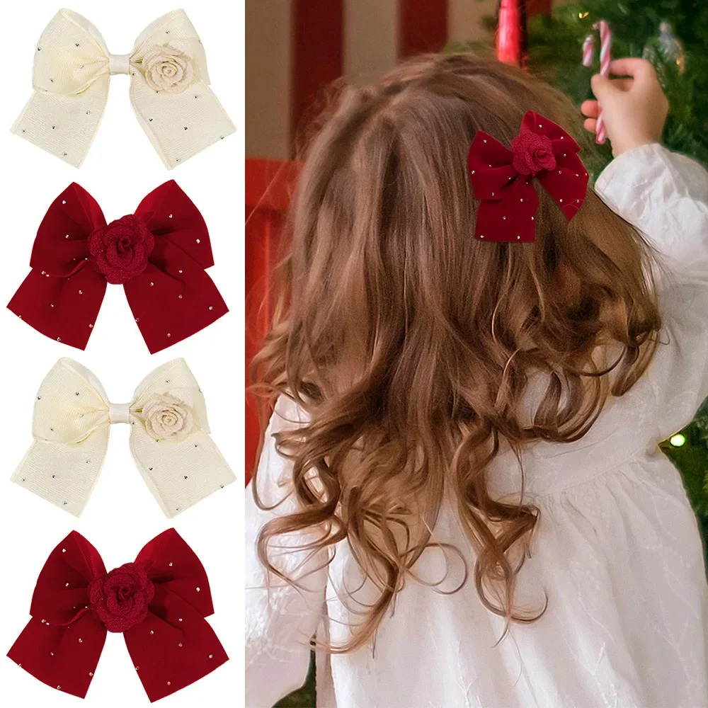 ncmama 2PCS Flannel Rose Flower Bow Hair Clips Cute Red Velvet Bow Hairpins for Girls Headwear Hairgrips Pearl Hair Accessories